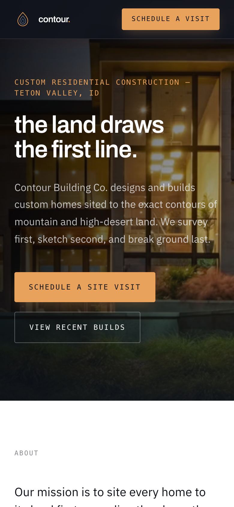 Contour Building Co.'s homepage on a phone: 'The land draws the first line.' over a lit modern home